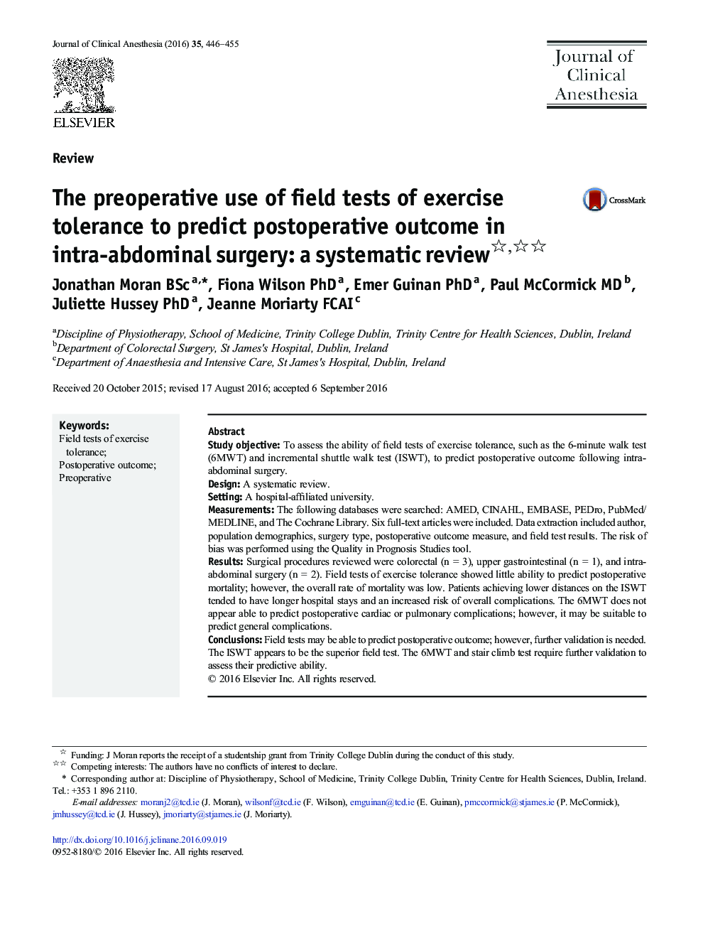 ReviewThe preoperative use of field tests of exercise tolerance to predict postoperative outcome in intra-abdominal surgery: a systematic review