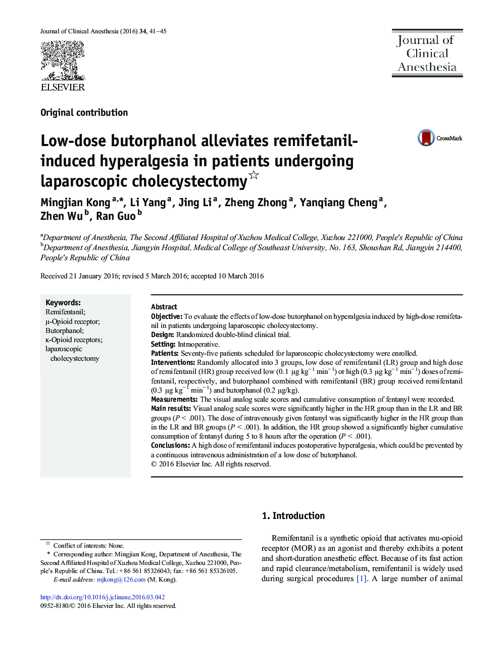 Low-dose butorphanol alleviates remifetanil-induced hyperalgesia in patients undergoing laparoscopic cholecystectomy