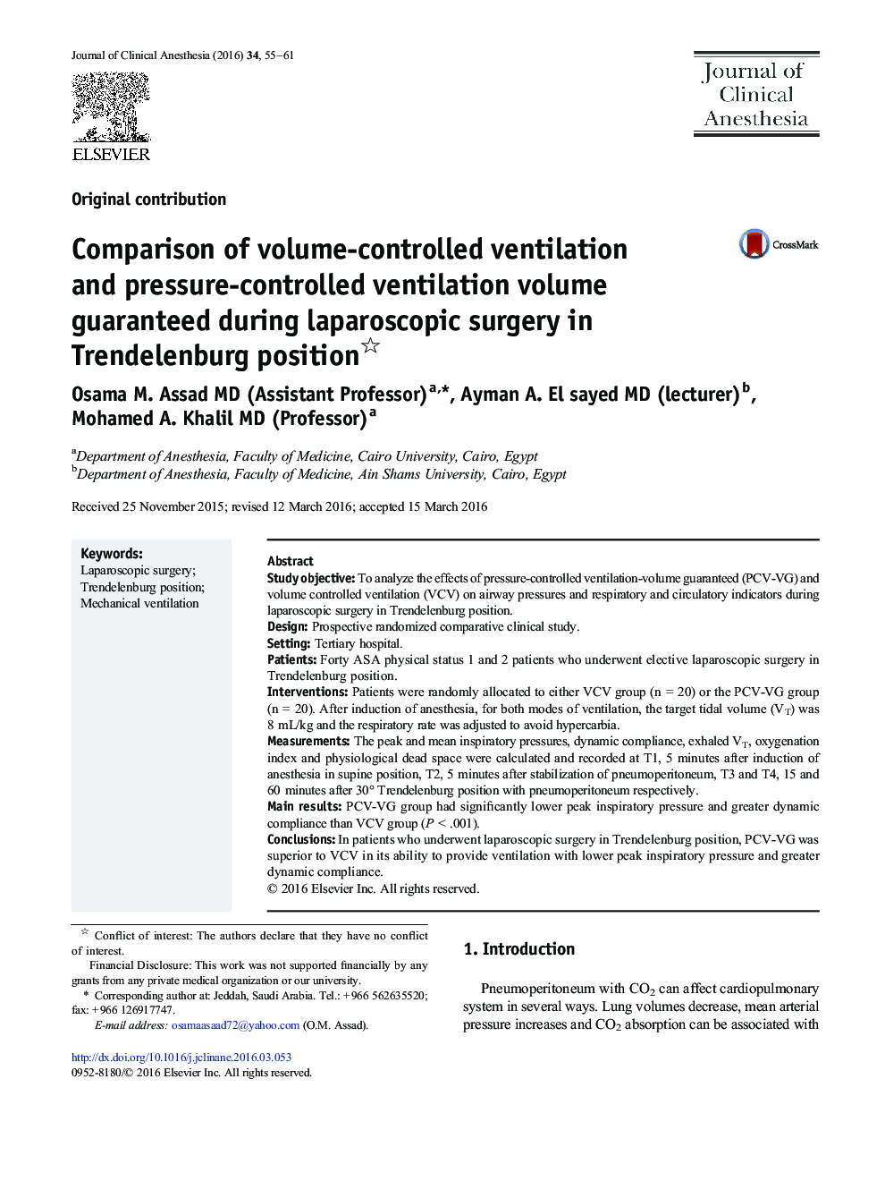 Comparison of volume-controlled ventilation and pressure-controlled ventilation volume guaranteed during laparoscopic surgery in Trendelenburg position