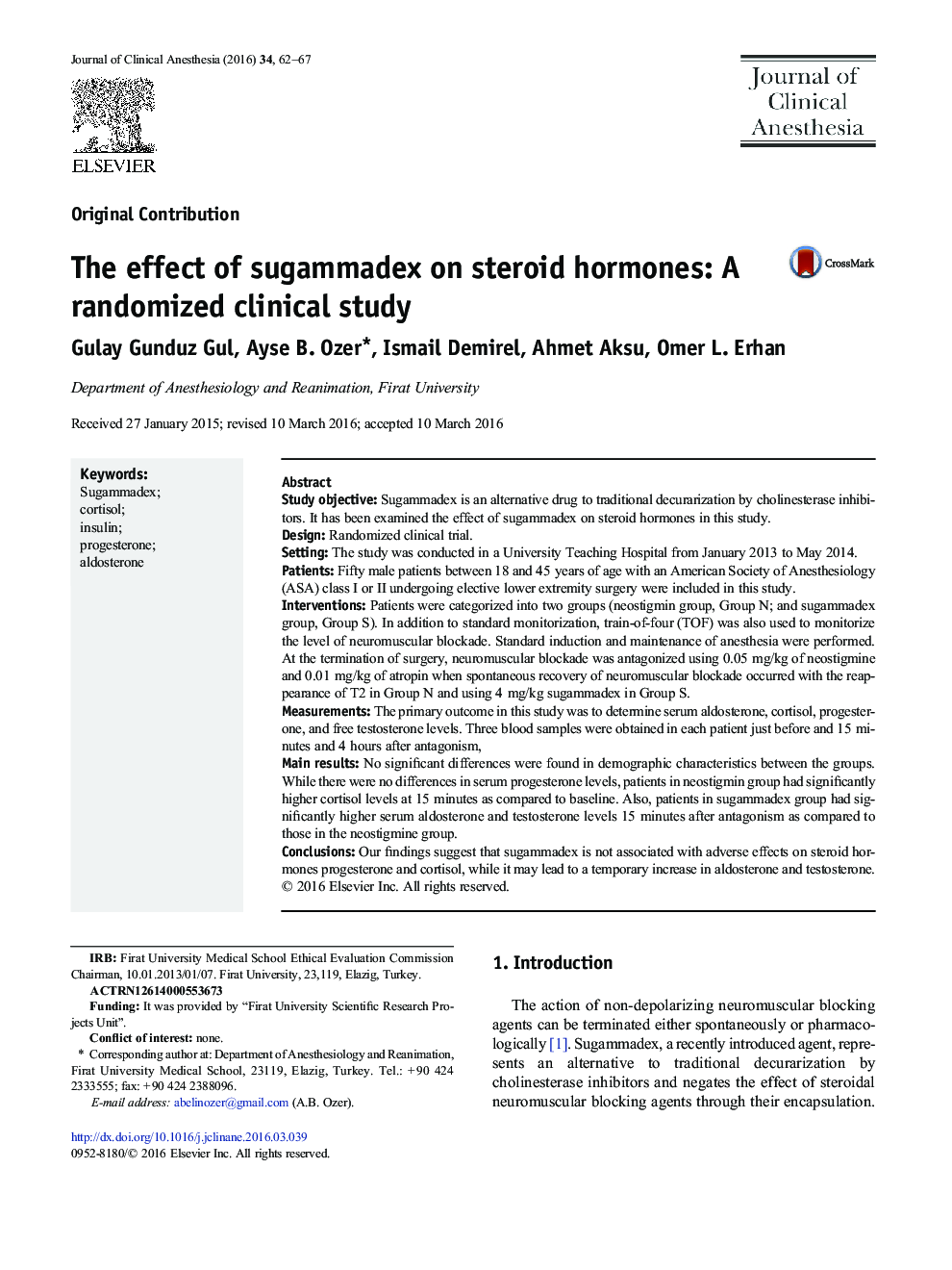 Original ContributionThe effect of sugammadex on steroid hormones: A randomized clinical study