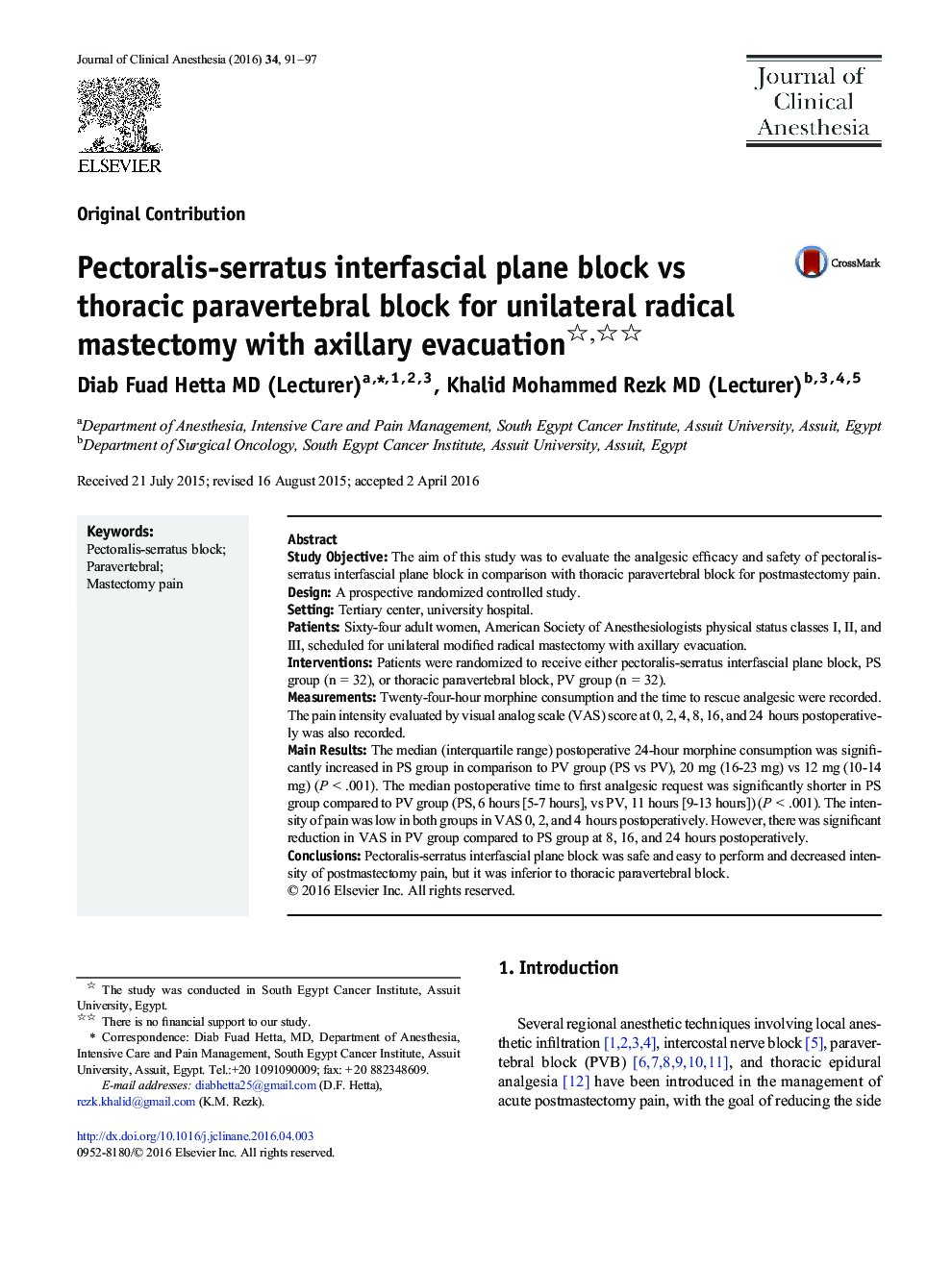 Original ContributionPectoralis-serratus interfascial plane block vs thoracic paravertebral block for unilateral radical mastectomy with axillary evacuation