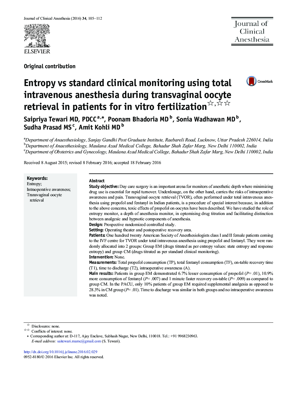 Entropy vs standard clinical monitoring using total intravenous anesthesia during transvaginal oocyte retrieval in patients for in vitro fertilization