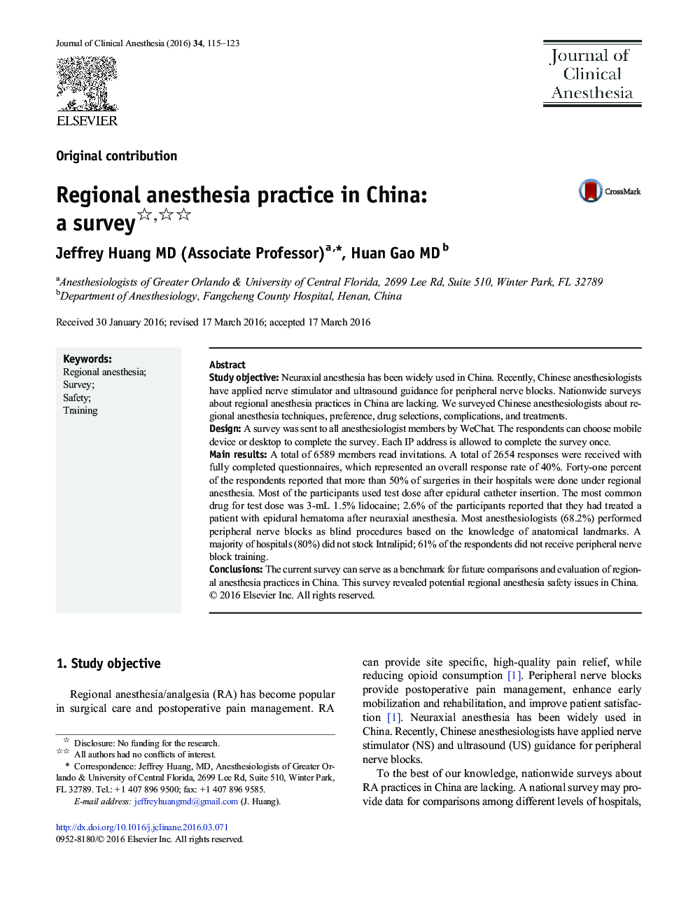 Regional anesthesia practice in China: a survey