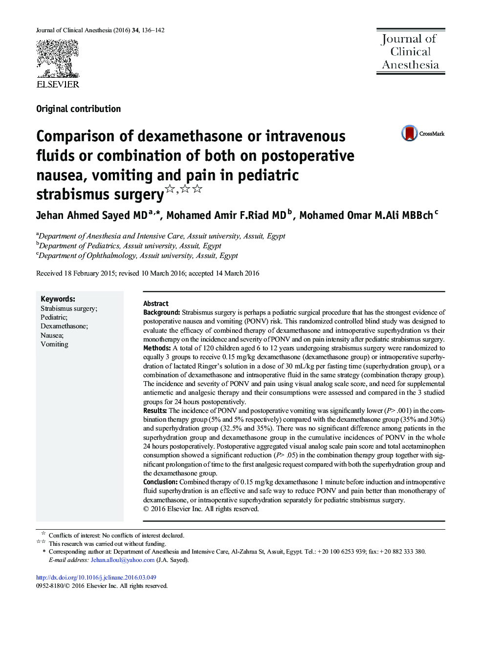 Comparison of dexamethasone or intravenous fluids or combination of both on postoperative nausea, vomiting and pain in pediatric strabismus surgery