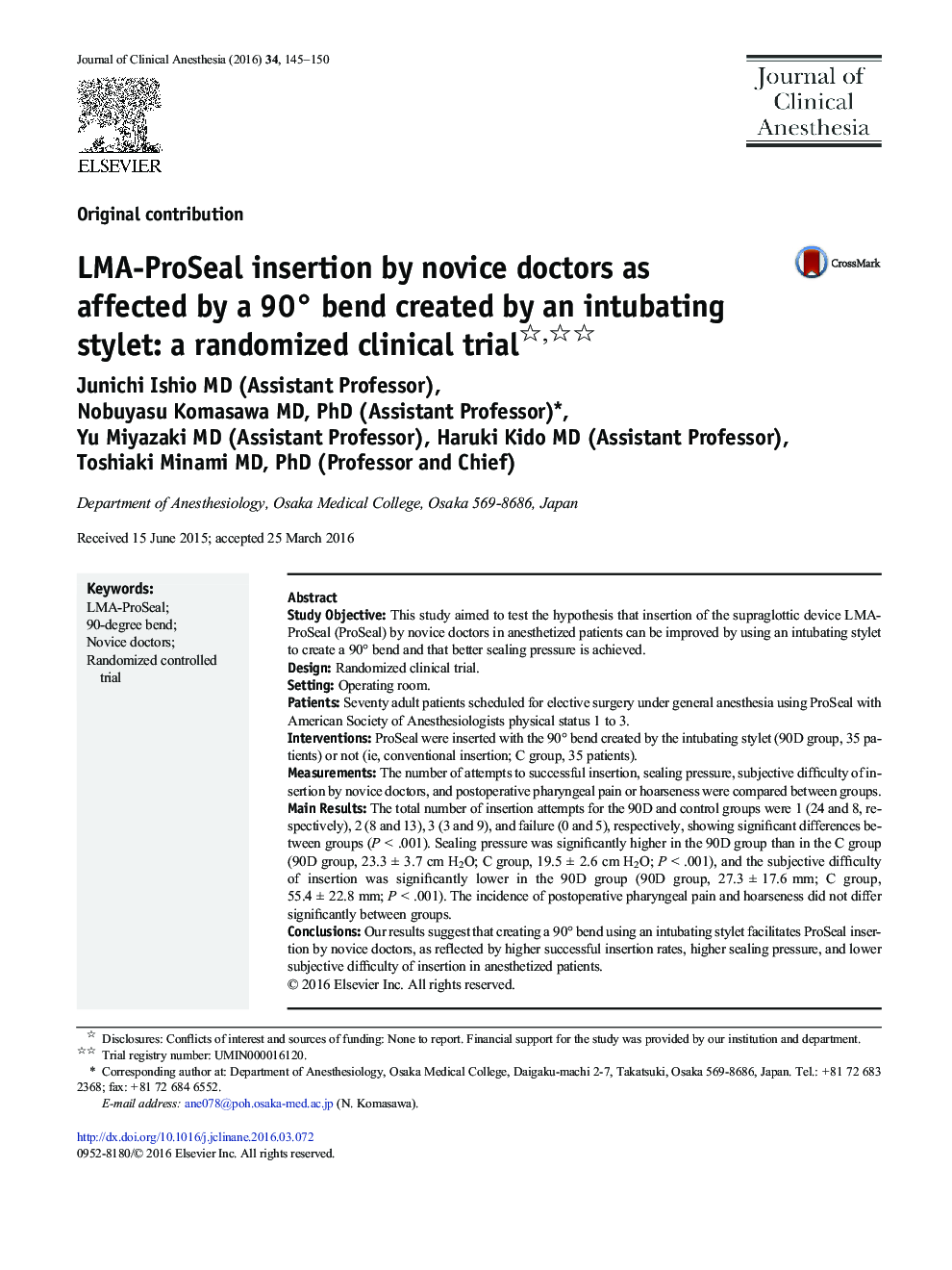 LMA-ProSeal insertion by novice doctors as affected by a 90Â° bend created by an intubating stylet: a randomized clinical trial