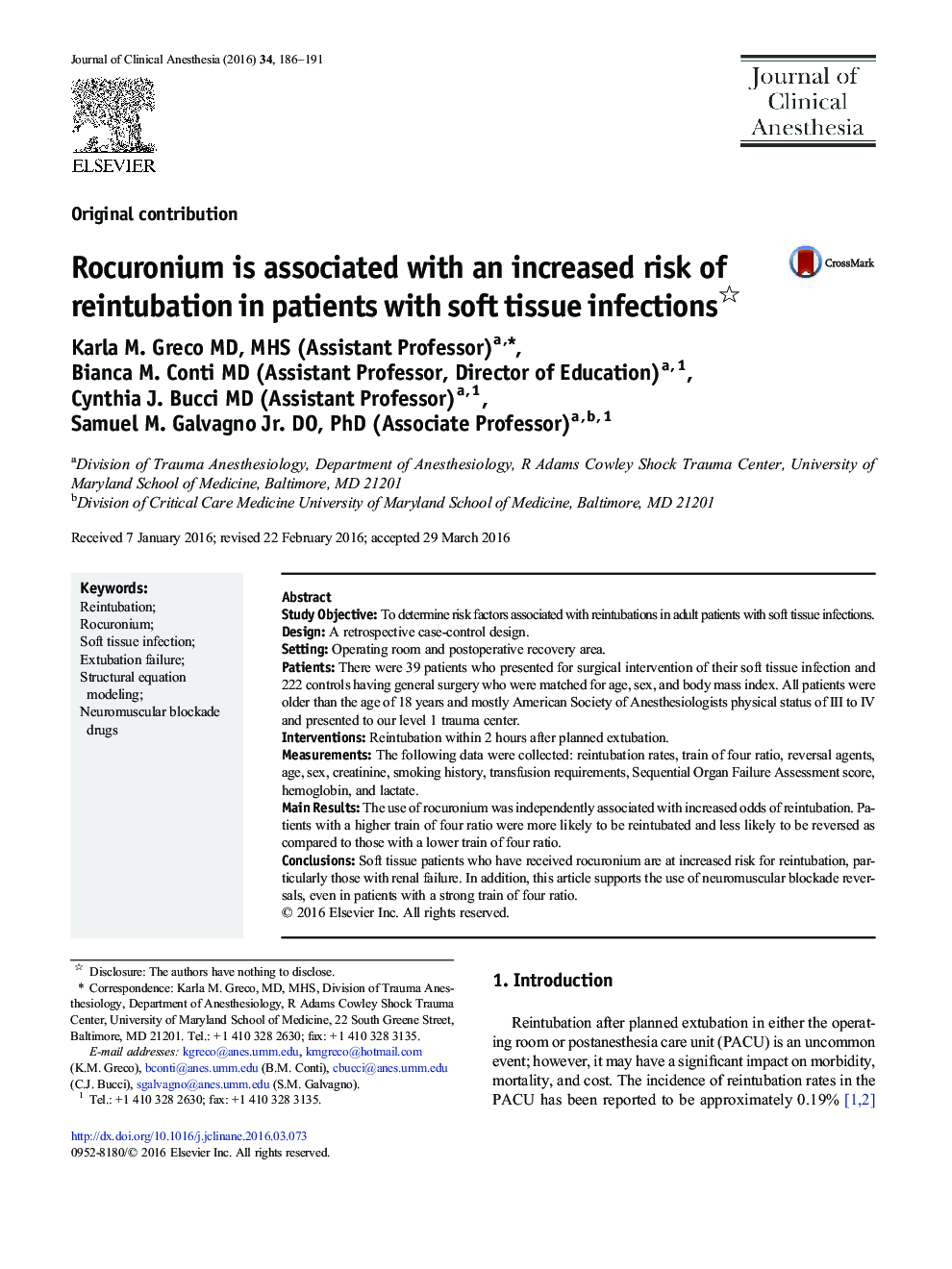 Rocuronium is associated with an increased risk of reintubation in patients with soft tissue infections