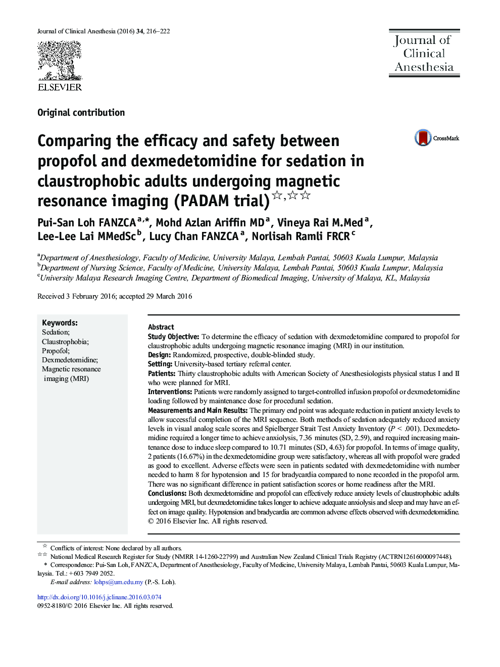 Comparing the efficacy and safety between propofol and dexmedetomidine for sedation in claustrophobic adults undergoing magnetic resonance imaging (PADAM trial)