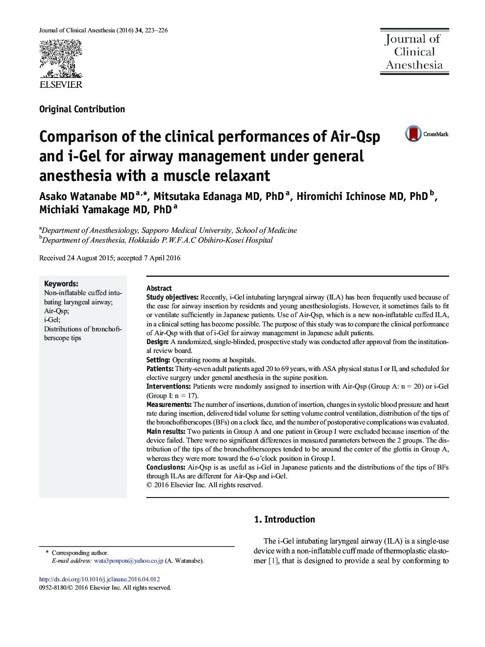 Original ContributionComparison of the clinical performances of Air-Qsp and i-Gel for airway management under general anesthesia with a muscle relaxant