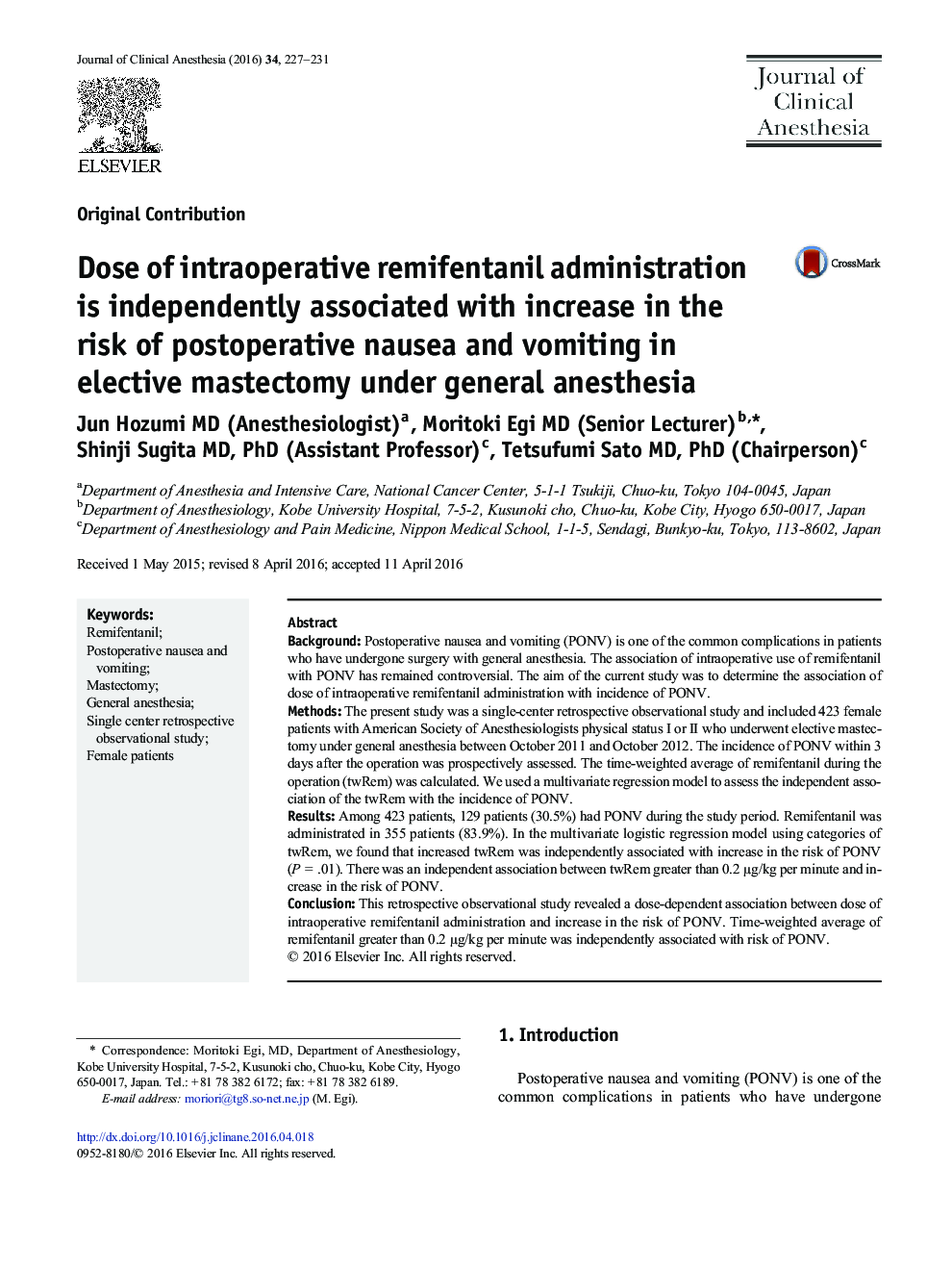 Dose of intraoperative remifentanil administration is independently associated with increase in the risk of postoperative nausea and vomiting in elective mastectomy under general anesthesia