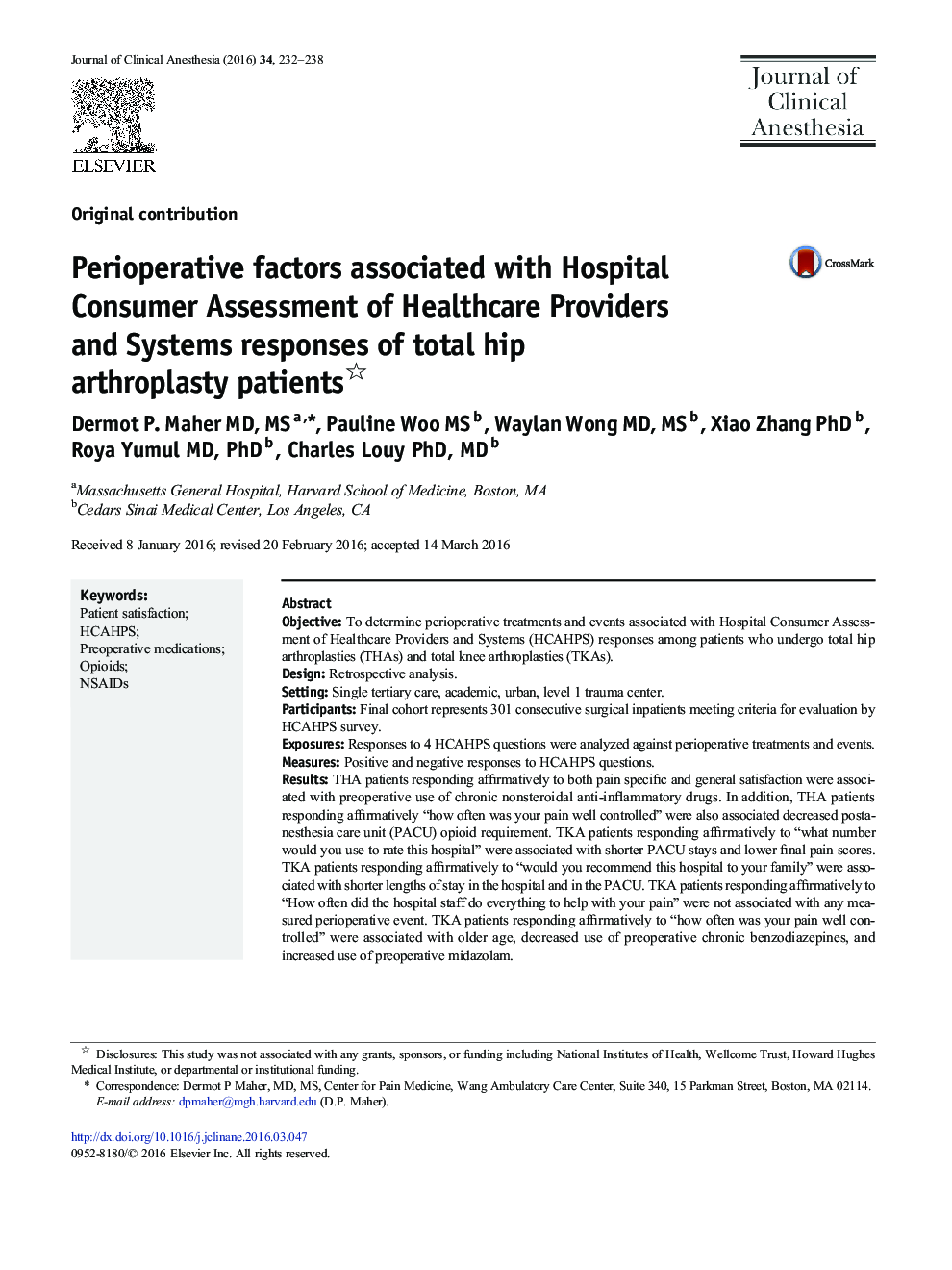 Perioperative factors associated with Hospital Consumer Assessment of Healthcare Providers and Systems responses of total hip arthroplasty patients