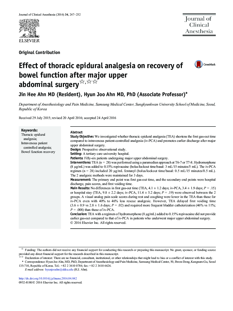 Original ContributionEffect of thoracic epidural analgesia on recovery of bowel function after major upper abdominal surgery