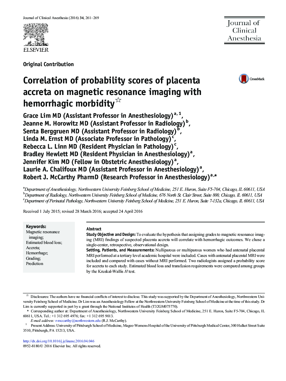 Original ContributionCorrelation of probability scores of placenta accreta on magnetic resonance imaging with hemorrhagic morbidity