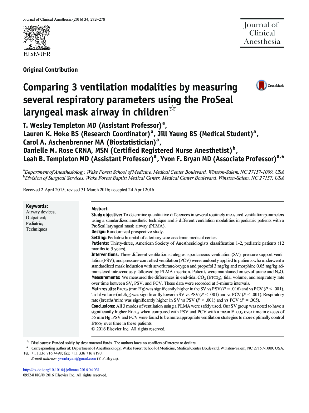 Comparing 3 ventilation modalities by measuring several respiratory parameters using the ProSeal laryngeal mask airway in children