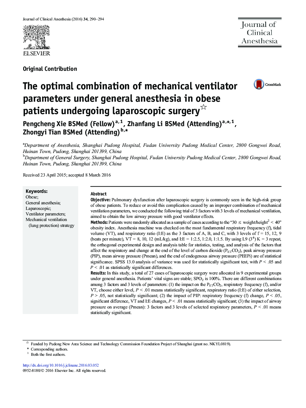 Original ContributionThe optimal combination of mechanical ventilator parameters under general anesthesia in obese patients undergoing laparoscopic surgery