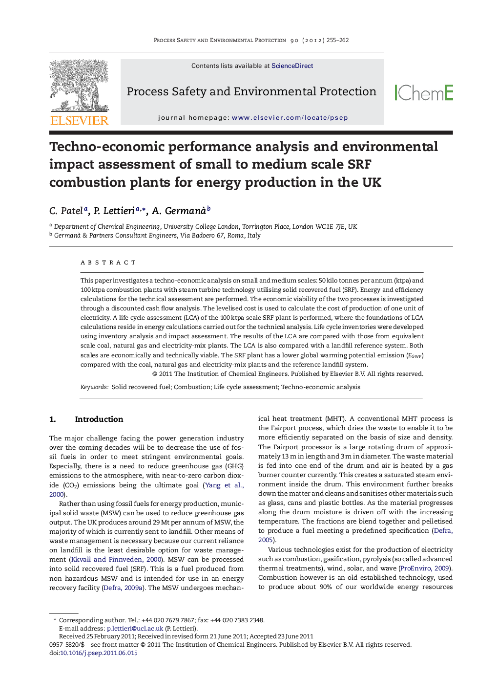 عکس صفحه اول مقاله: Techno-economic performance analysis and environmental impact assessment of small to medium scale SRF combustion plants for energy production in the UK Techno-economic performance analysis and environmental impact assessment of small to medium scale SRF combustion plants for energy production in the UK