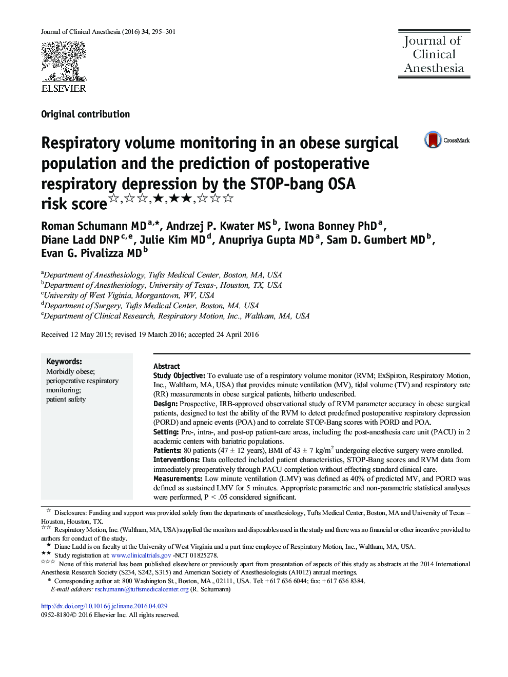 Respiratory volume monitoring in an obese surgical population and the prediction of postoperative respiratory depression by the STOP-bang OSA risk score