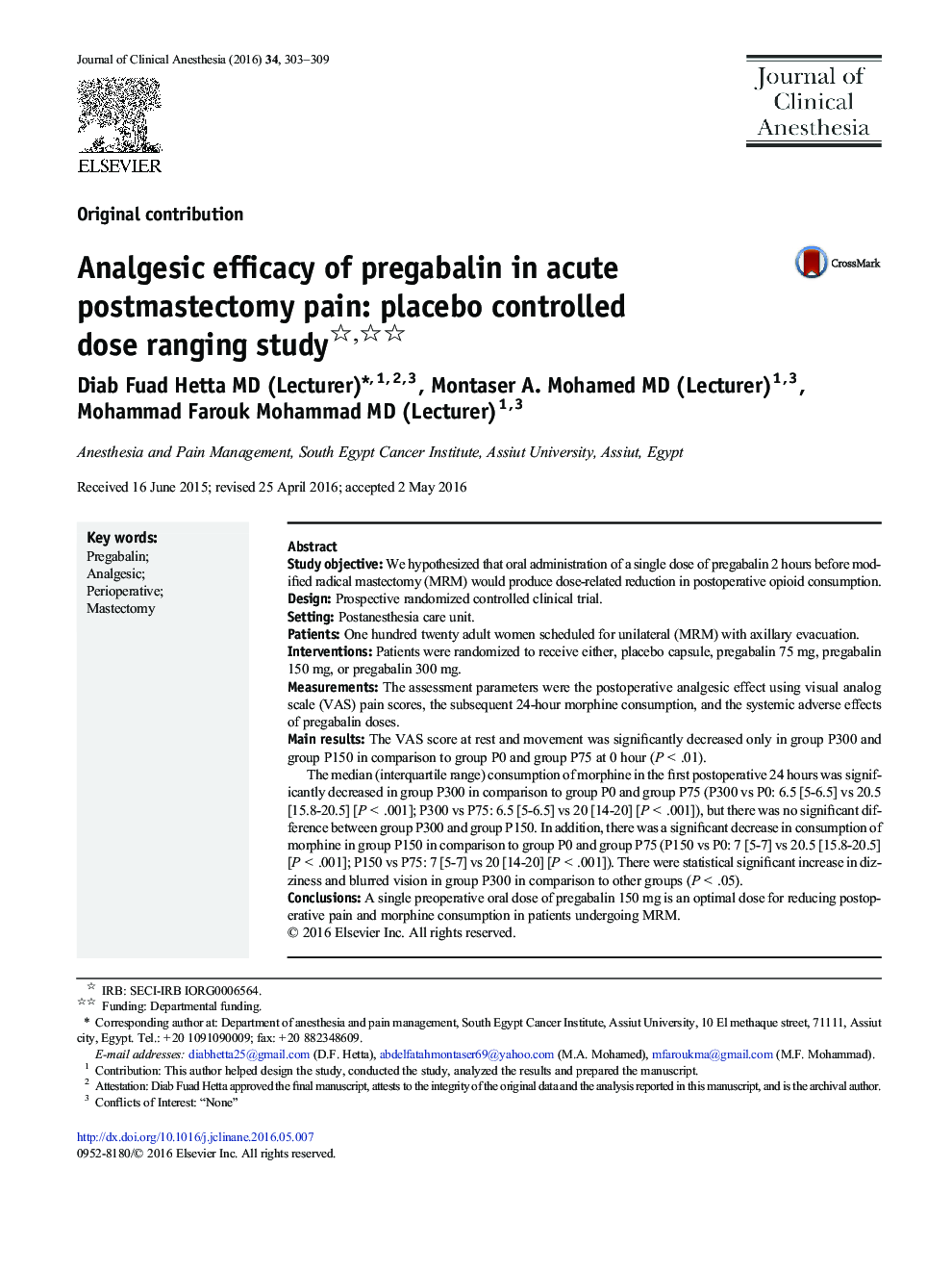 Analgesic efficacy of pregabalin in acute postmastectomy pain: placebo controlled dose ranging study