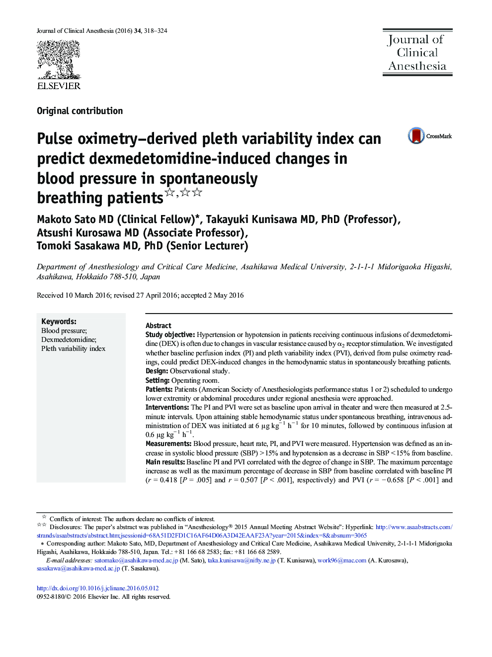 Pulse oximetry-derived pleth variability index can predict dexmedetomidine-induced changes in blood pressure in spontaneously breathing patients