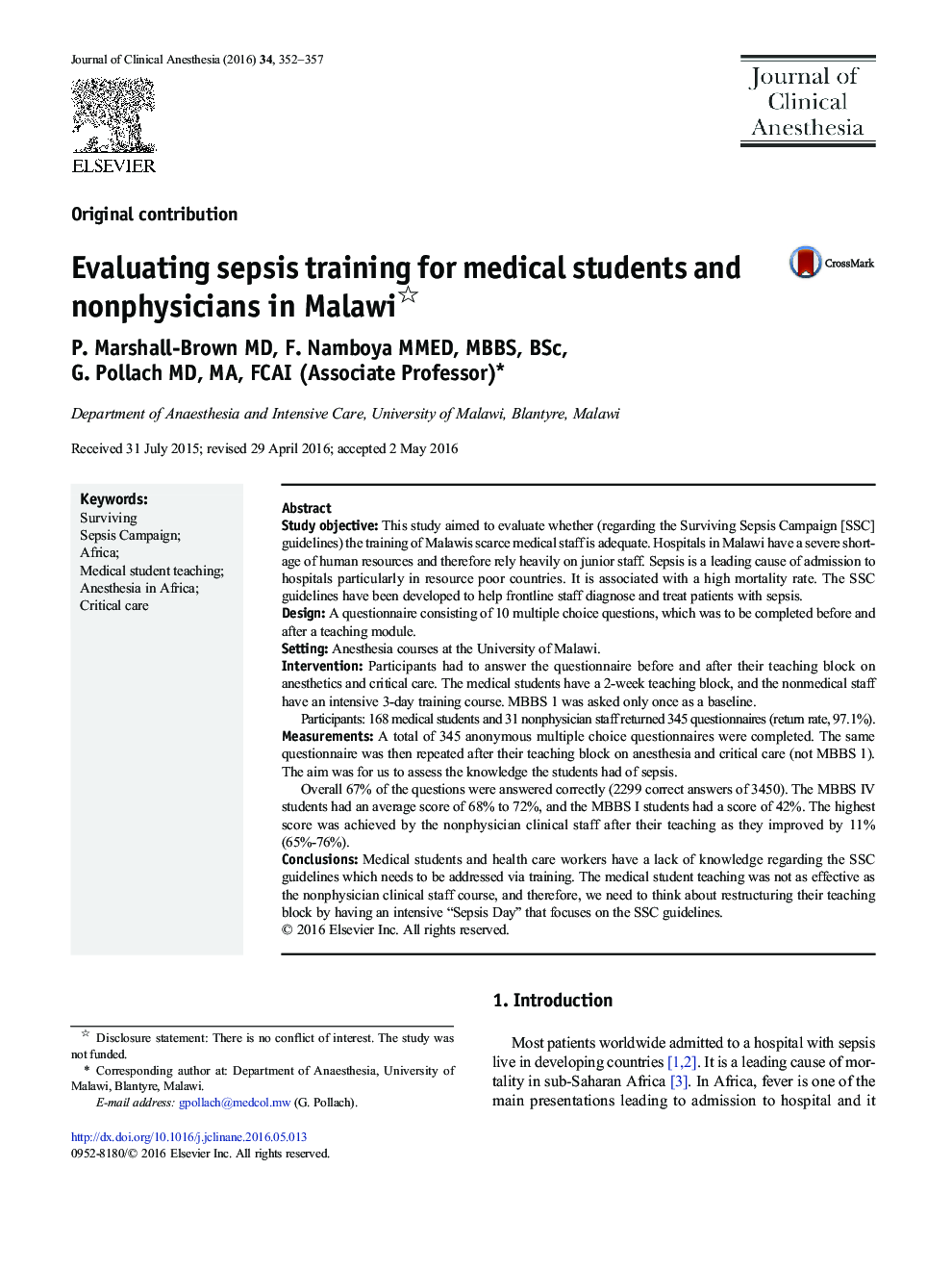 ارزیابی آموزش سپسیس برای دانشجویان پزشکی و غیر فیزیکدانان در مالاوی 