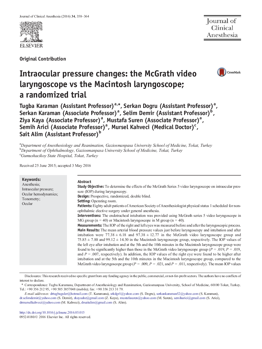 Intraocular pressure changes: the McGrath video laryngoscope vs the Macintosh laryngoscope; a randomized trial