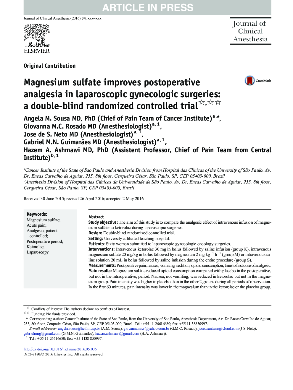 Magnesium sulfate improves postoperative analgesia in laparoscopic gynecologic surgeries: a double-blind randomized controlled trial