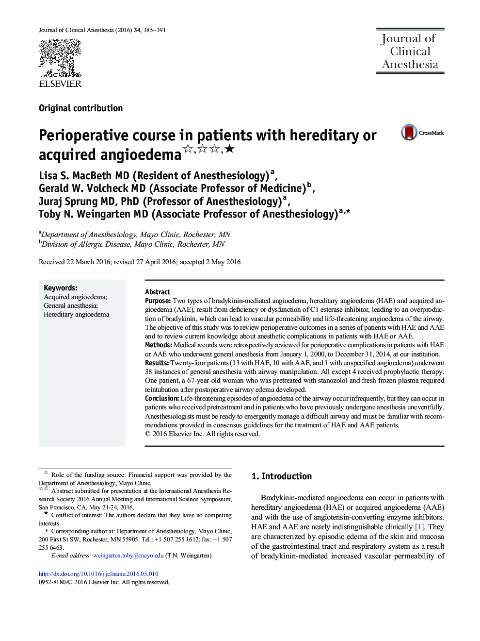 Perioperative course in patients with hereditary or acquired angioedema