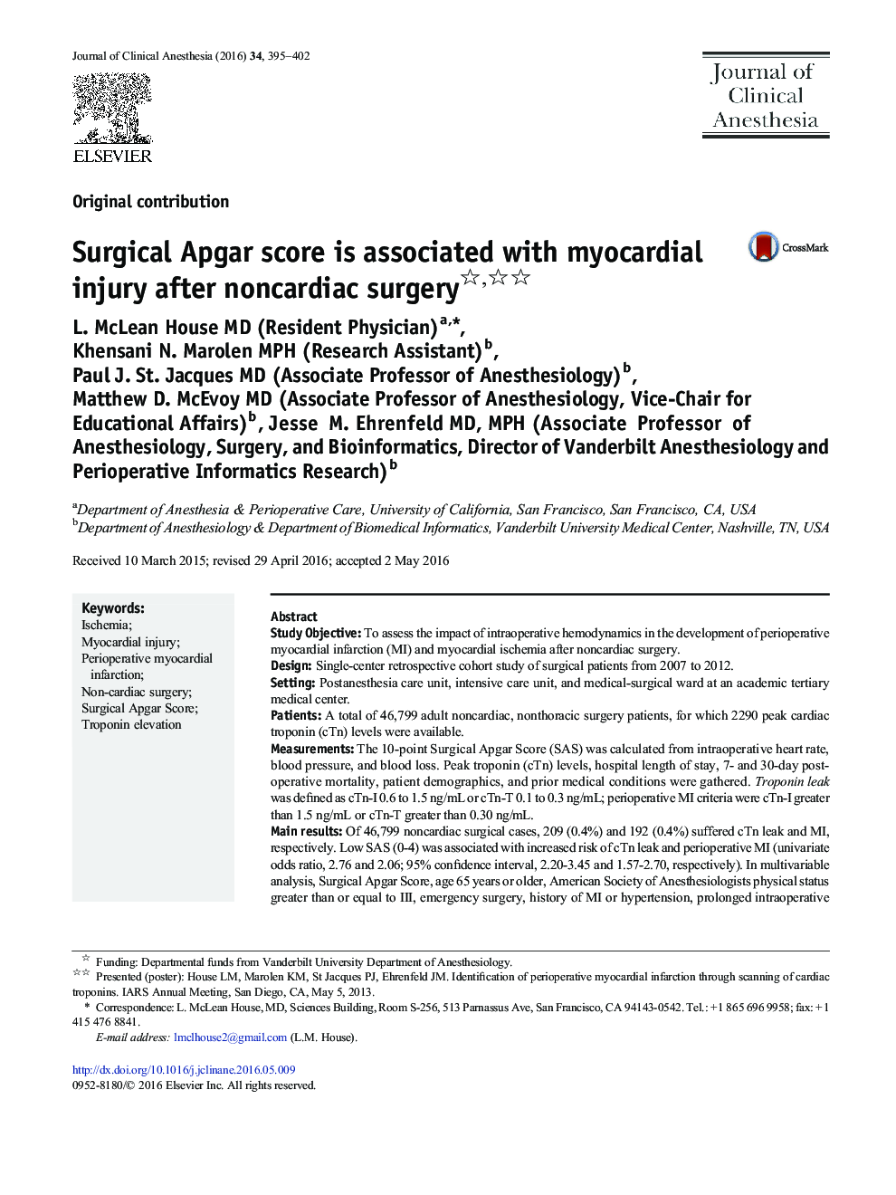 Surgical Apgar score is associated with myocardial injury after noncardiac surgery