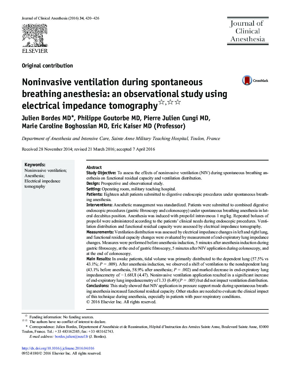 Noninvasive ventilation during spontaneous breathing anesthesia: an observational study using electrical impedance tomography