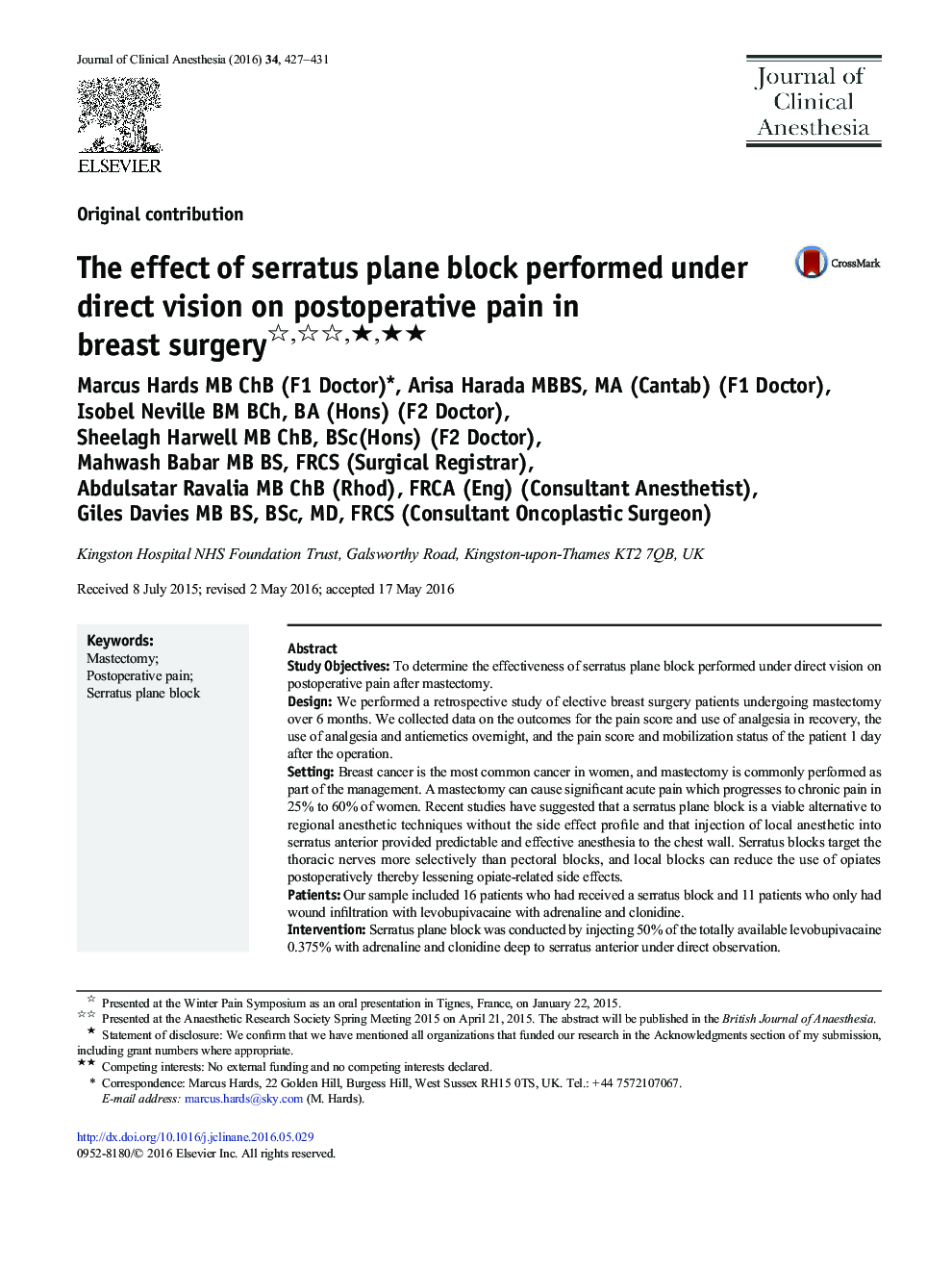 The effect of serratus plane block performed under direct vision on postoperative pain in breast surgery