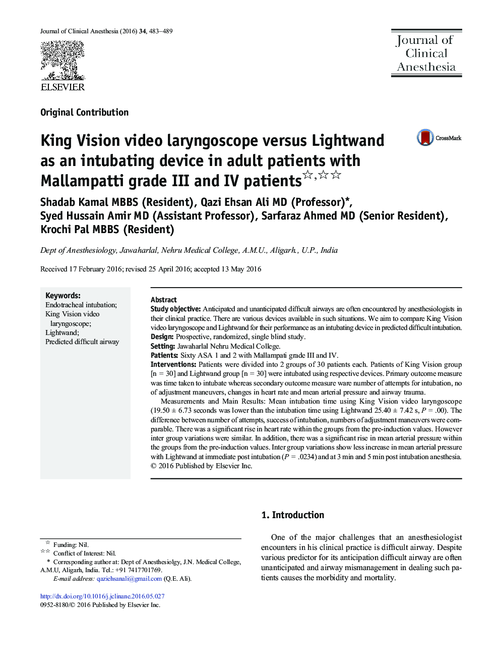 King Vision video laryngoscope versus Lightwand as an intubating device in adult patients with Mallampatti grade III and IV patients