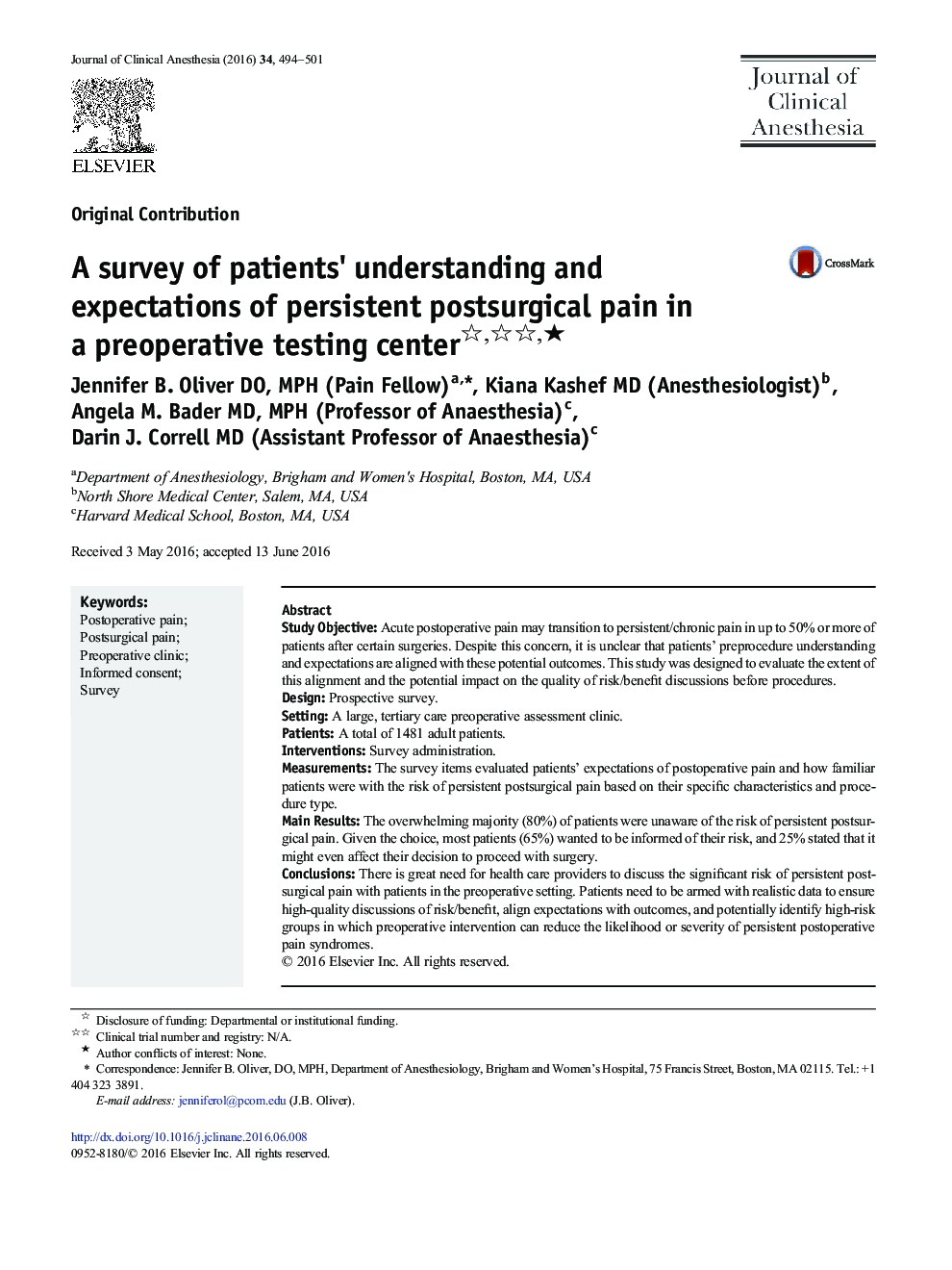 Original ContributionA survey of patients' understanding and expectations of persistent postsurgical pain in a preoperative testing centerâ