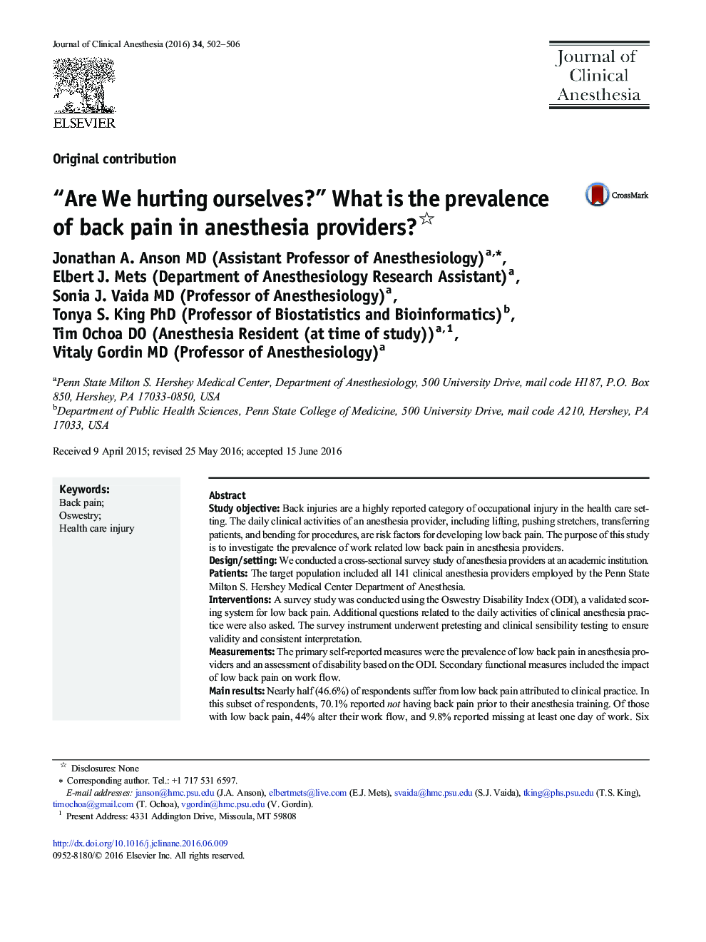 “Are We hurting ourselves?” What is the prevalence of back pain in anesthesia providers?