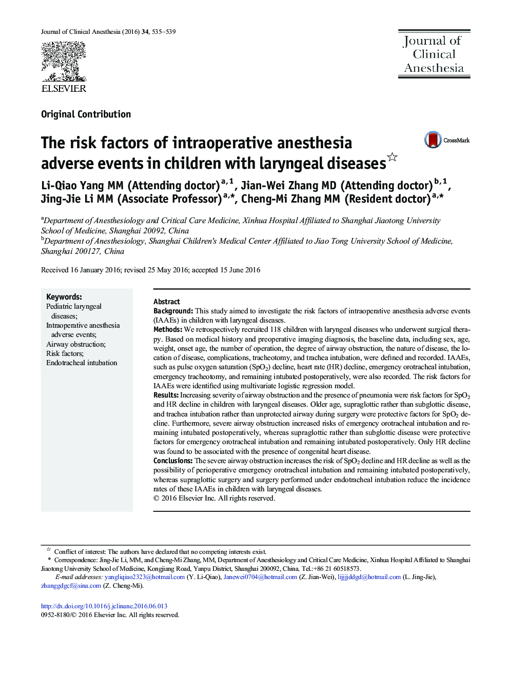 Original ContributionThe risk factors of intraoperative anesthesia adverse events in children with laryngeal diseases