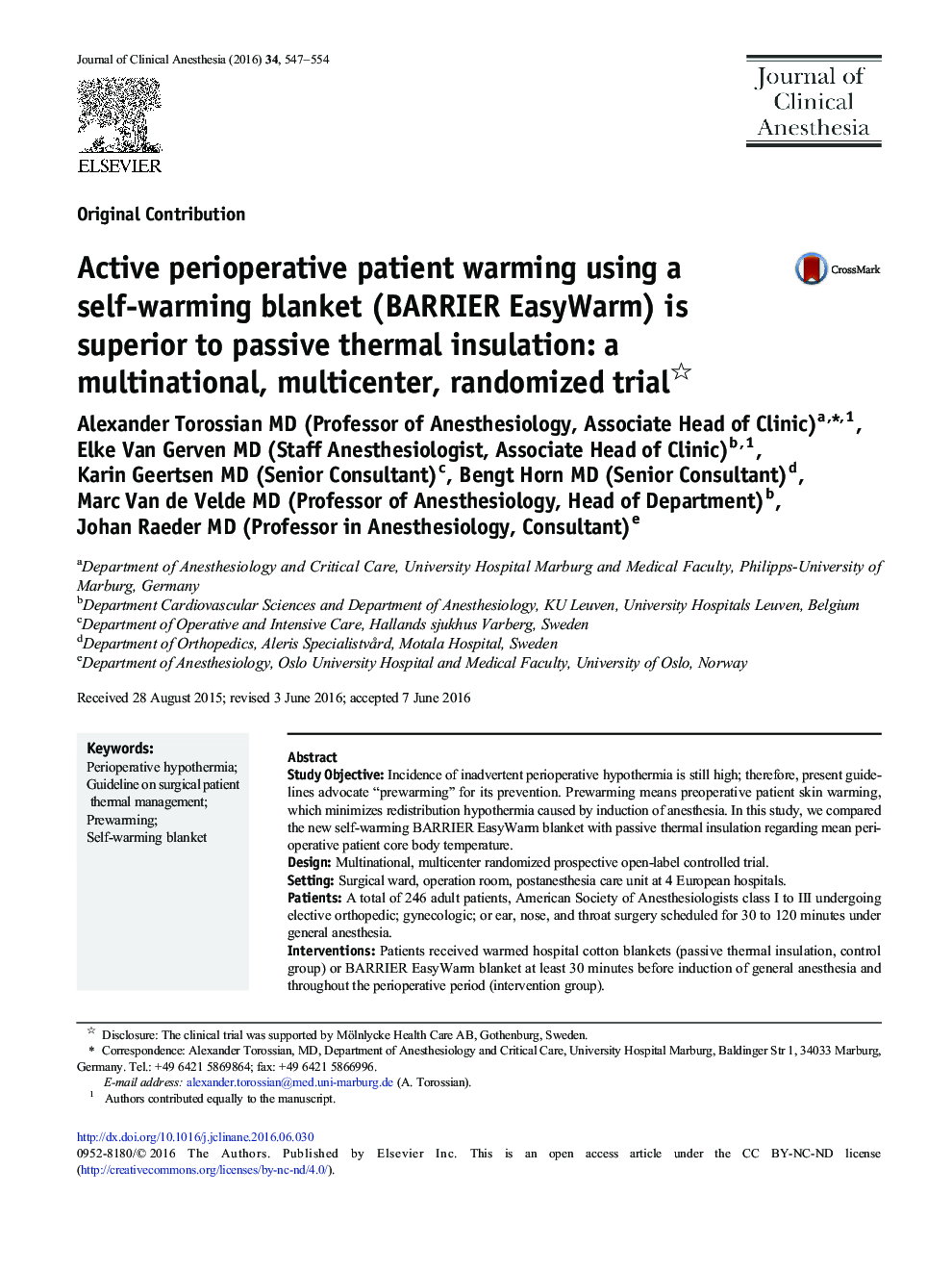 Original ContributionActive perioperative patient warming using a self-warming blanket (BARRIER EasyWarm) is superior to passive thermal insulation: a multinational, multicenter, randomized trial