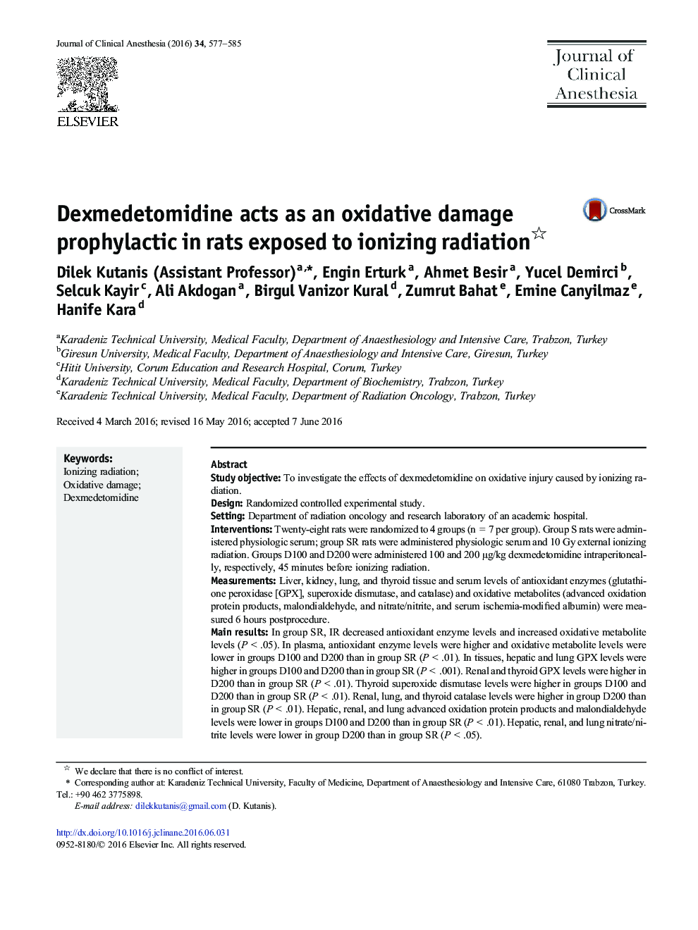 Dexmedetomidine acts as an oxidative damage prophylactic in rats exposed to ionizing radiation