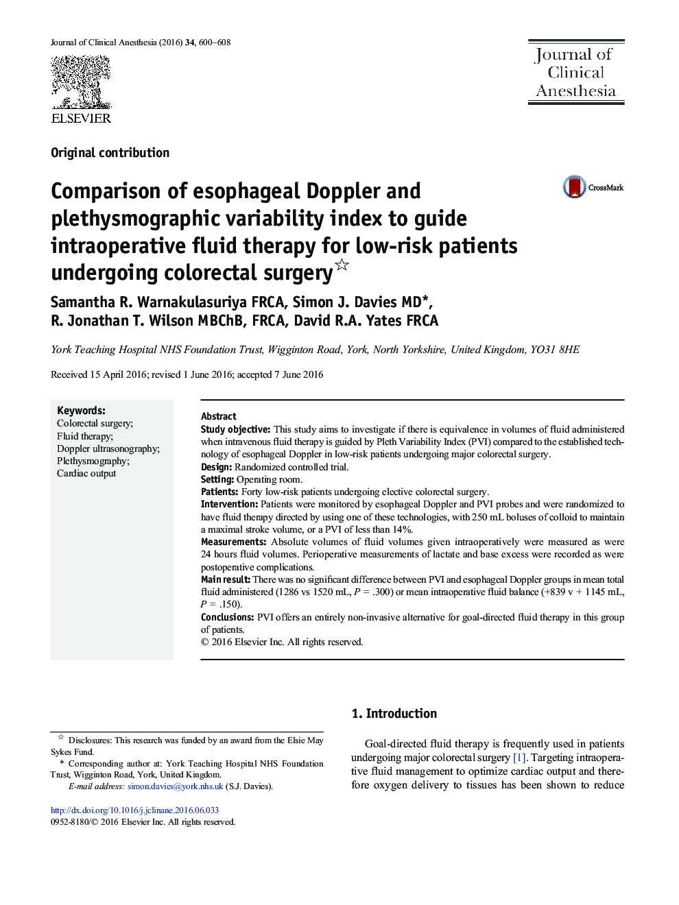 Comparison of esophageal Doppler and plethysmographic variability index to guide intraoperative fluid therapy for low-risk patients undergoing colorectal surgery