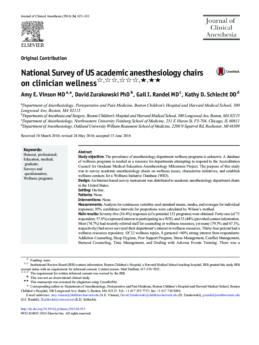 National Survey of US academic anesthesiology chairs on clinician wellnessâââ