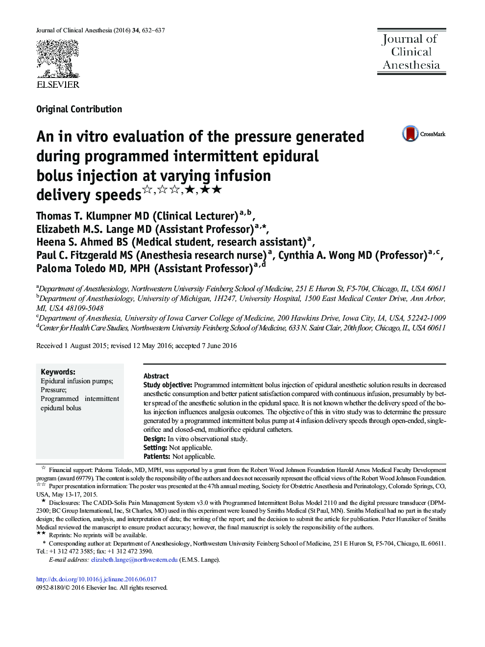 An in vitro evaluation of the pressure generated during programmed intermittent epidural bolus injection at varying infusion delivery speeds