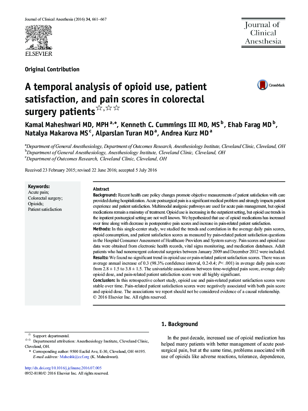 A temporal analysis of opioid use, patient satisfaction, and pain scores in colorectal surgery patients