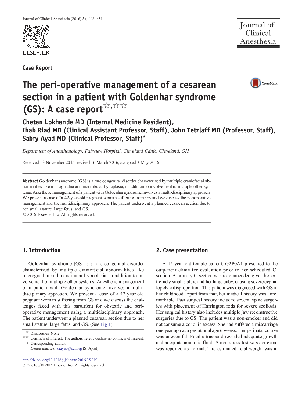 The peri-operative management of a cesarean section in a patient with Goldenhar syndrome (GS): A case report