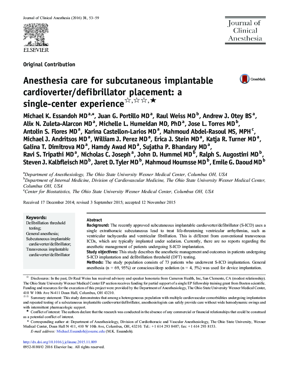 Anesthesia care for subcutaneous implantable cardioverter/defibrillator placement: a single-center experience