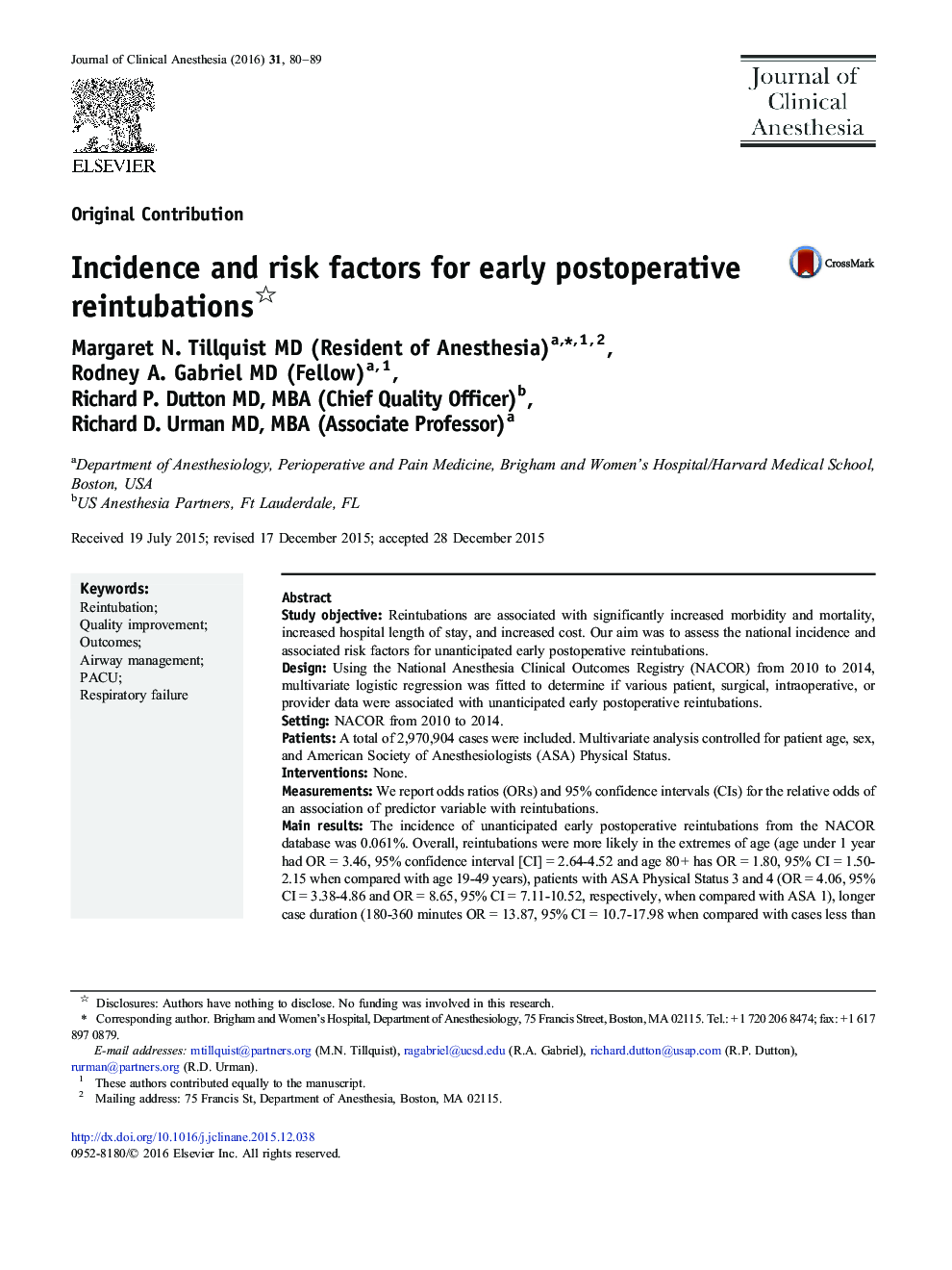 Original ContributionIncidence and risk factors for early postoperative reintubations