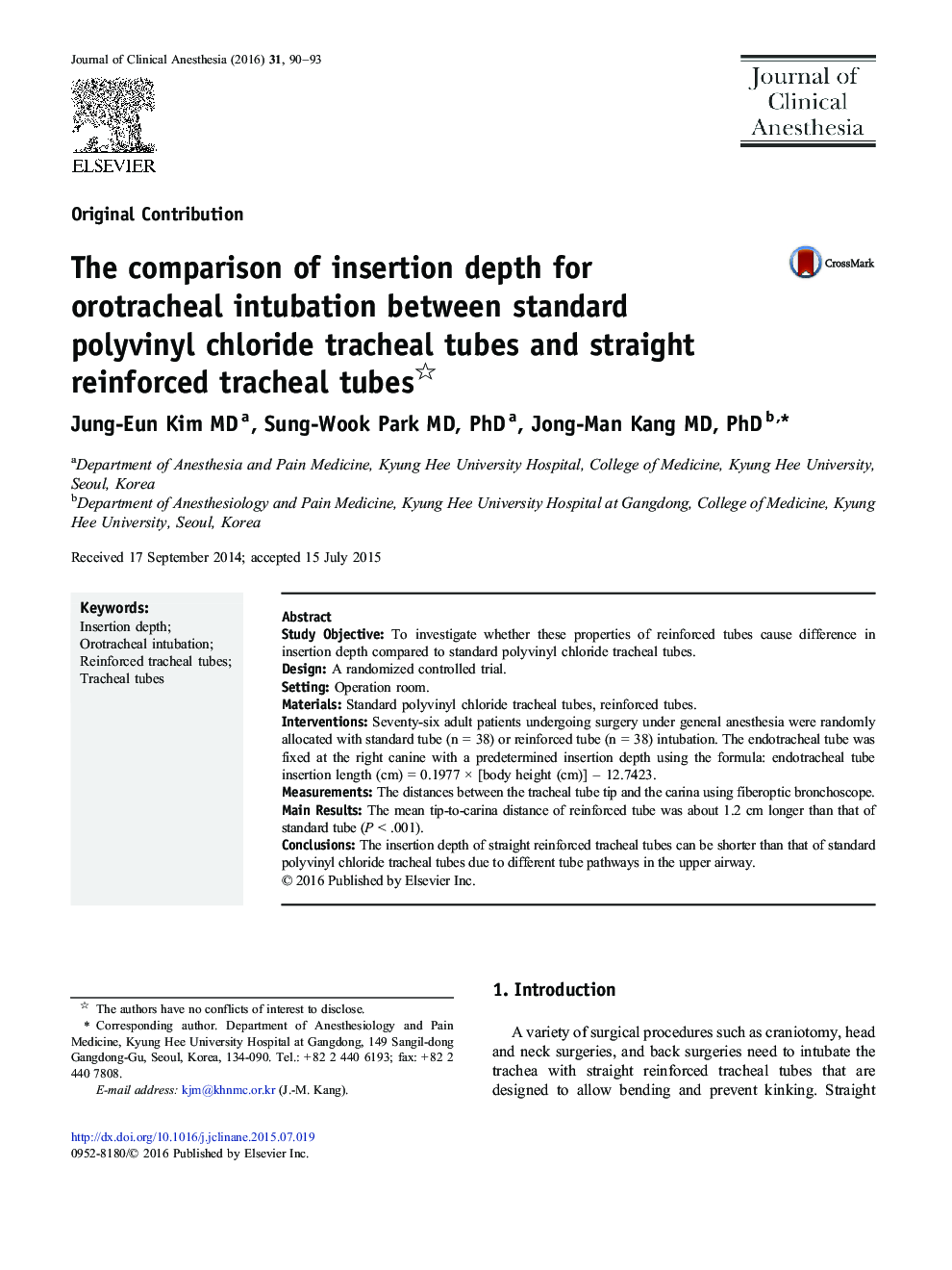 The comparison of insertion depth for orotracheal intubation between standard polyvinyl chloride tracheal tubes and straight reinforced tracheal tubes