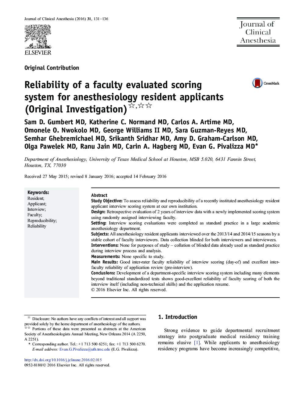 Reliability of a faculty evaluated scoring system for anesthesiology resident applicants (Original Investigation)