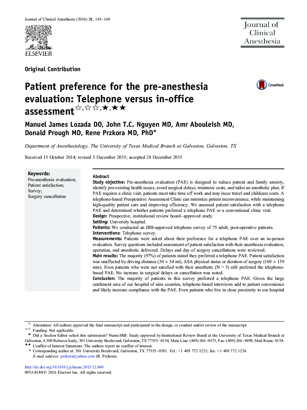Patient preference for the pre-anesthesia evaluation: Telephone versus in-office assessment