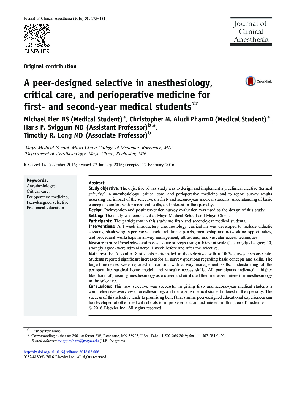 A peer-designed selective in anesthesiology, critical care, and perioperative medicine for first- and second-year medical students