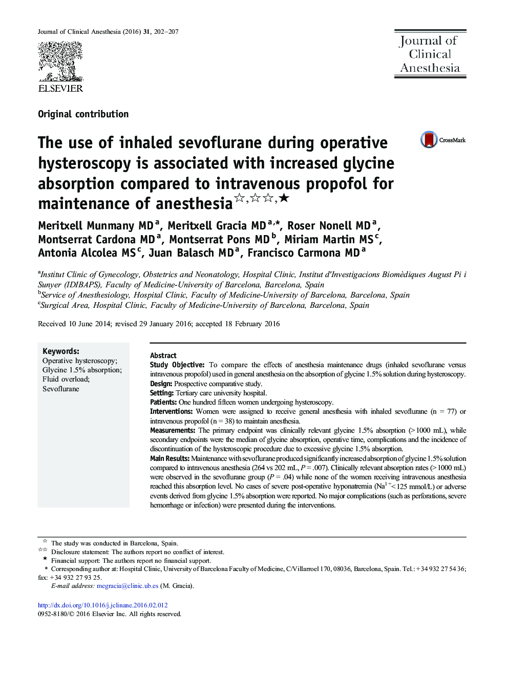 The use of inhaled sevoflurane during operative hysteroscopy is associated with increased glycine absorption compared to intravenous propofol for maintenance of anesthesia