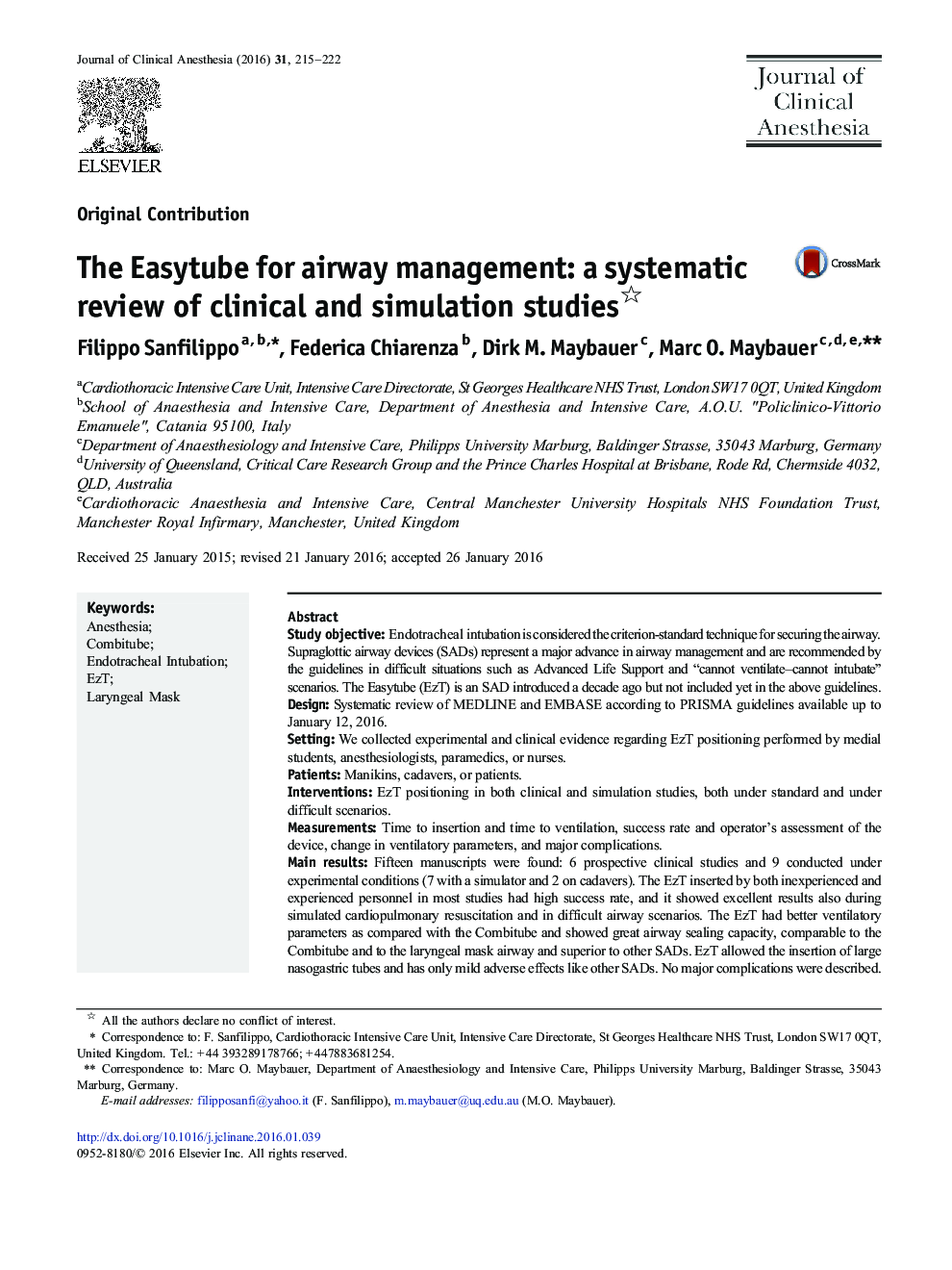 The Easytube for airway management: a systematic review of clinical and simulation studies