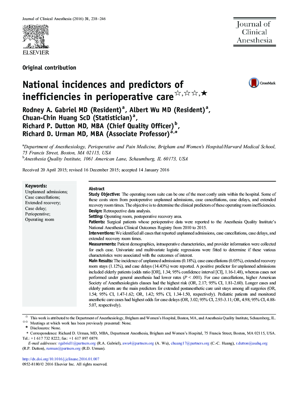 National incidences and predictors of inefficiencies in perioperative care