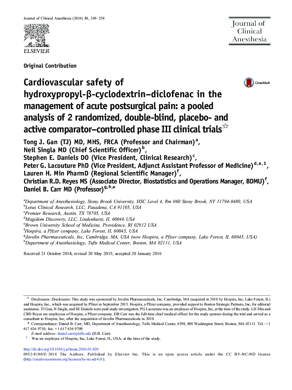 Cardiovascular safety of hydroxypropyl-Î²-cyclodextrin-diclofenac in the management of acute postsurgical pain: a pooled analysis of 2 randomized, double-blind, placebo- and active comparator-controlled phase III clinical trials